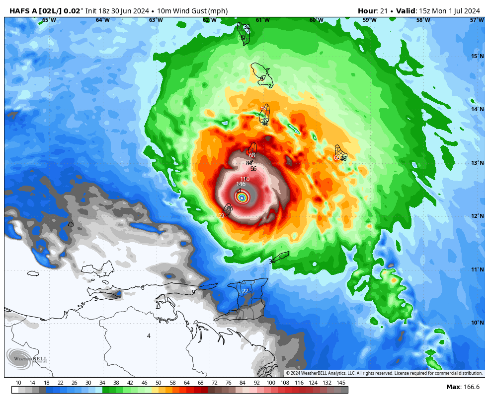 NbergWX's tweet photo. Incredible doesn't cut it. This truly is something else of a hurricane. Hurricane models have largely done great so far. Updated HAFS model indicates #Beryl could definitely get into the upper echelon of Category 4 by Monday morning, if not knock on the door of rare Category 5. 155+ MPH gusts possible in the eyewall Monday especially near the island of Carriacou, part of Grenada. Catastrophic damage likely where the eyewall is. Will be a fast moving storm, but for a few hours will be just hell on earth Monday AM.