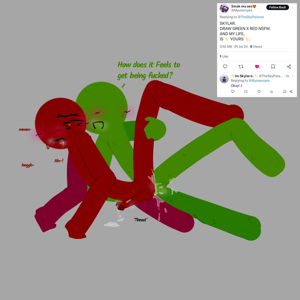 TheSkyPalacex's tweet photo. Redβ€ x Greenπ
@Myusersyes Here! <3
#Redxgreen #greenxred #alanbecker #alanbeckerstickman #myart #stickman #stickfigures https://t.co/kiYpK7PqoF