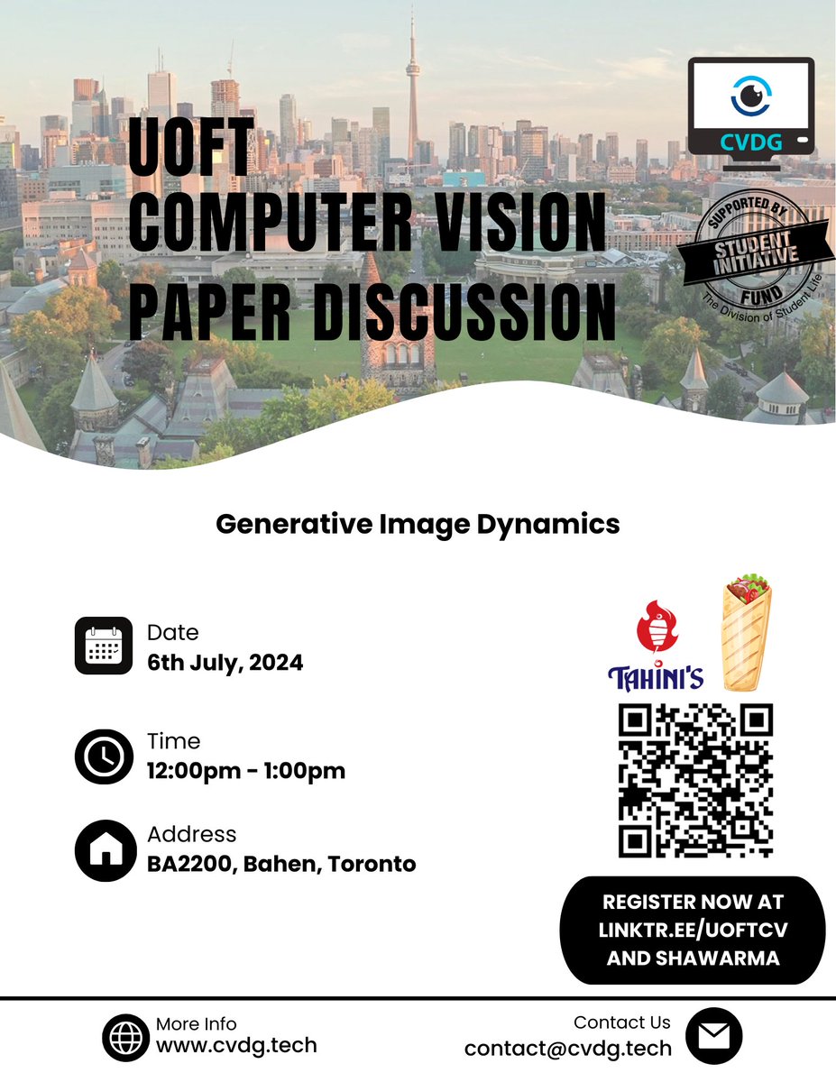 uoftcv's tweet photo. Join us for UofT's Computer Vision Club Paper Discussion!  We're going to be reading and discussing 'Generative Image Dynamics'

And yes, Shawarma🍲

📅6th July
🕛12:00 PM

https://t.co/uuJkIqwniC https://t.co/49NVjaTyq1