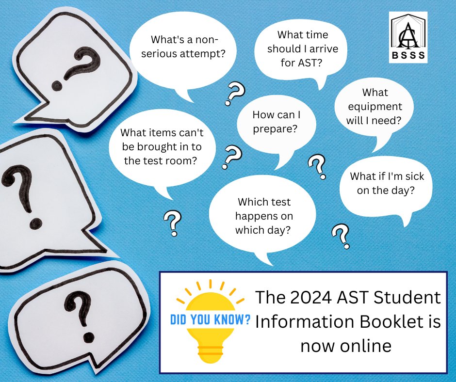 ACT_BSSS's tweet image. The AST Student Information Booklet is now online. You can access it here: bsss.act.edu.au/.../asse.../ac… 
AST 2024 will be held on 3 and 4 September; make sure you've got the dates in your diary!
