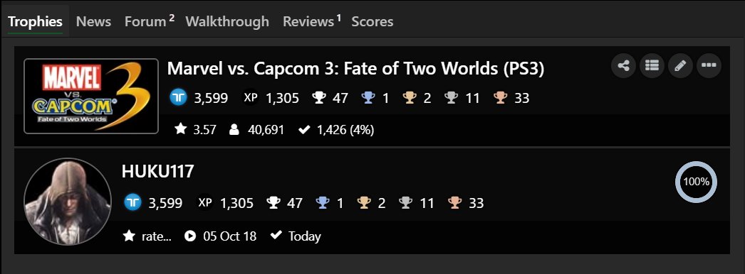 HUKU117's tweet photo. Marvel vs. Capcom 3: Fate of Two Worlds (PS3) Platinum #282 and 100% Complete

Finally platinum MvC3.

#PlayStationTrophy #PlatinumTrophy #PS3 #PS3Share #MarvelVsCapcom #MarvelVsCapcom3FateOfTwoWorlds #MarvelComics #Capcom #FightingGame https://t.co/8tKoAFnnX9
