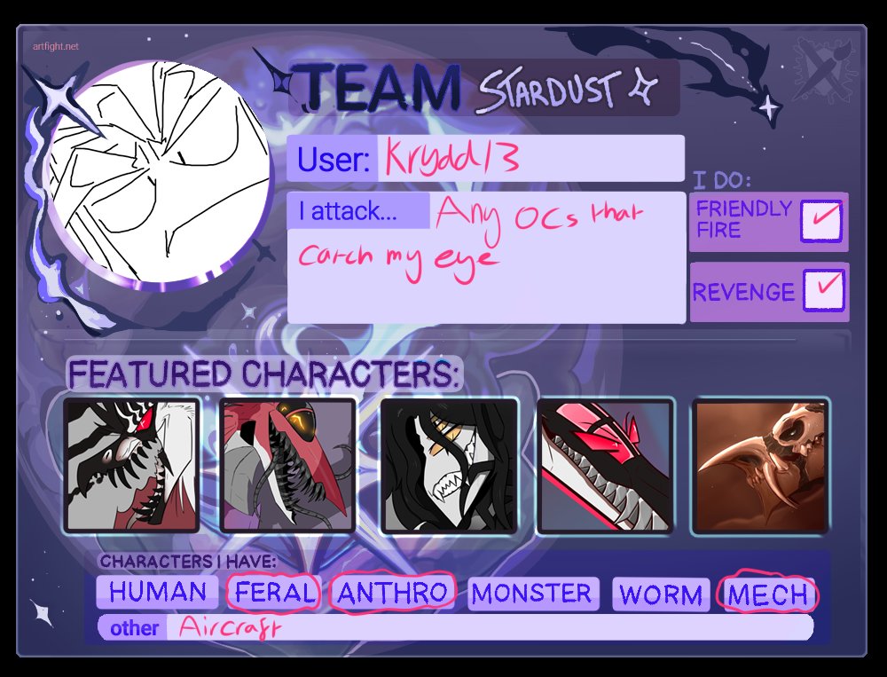 Going to try Art Fight, I won't be super active however till after the 15th. I will also add more OCs + update refs to my profile at a later date
#artfight2024