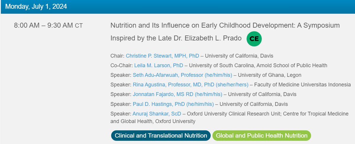 At #Nutrition2024? Get started early tomorrow with this symposium in honor of our dearly missed colleague Dr. Beth Prado. Some great talks programmed on nutrition and ECD 
@CP_Stewart @leilamlarson @ucd