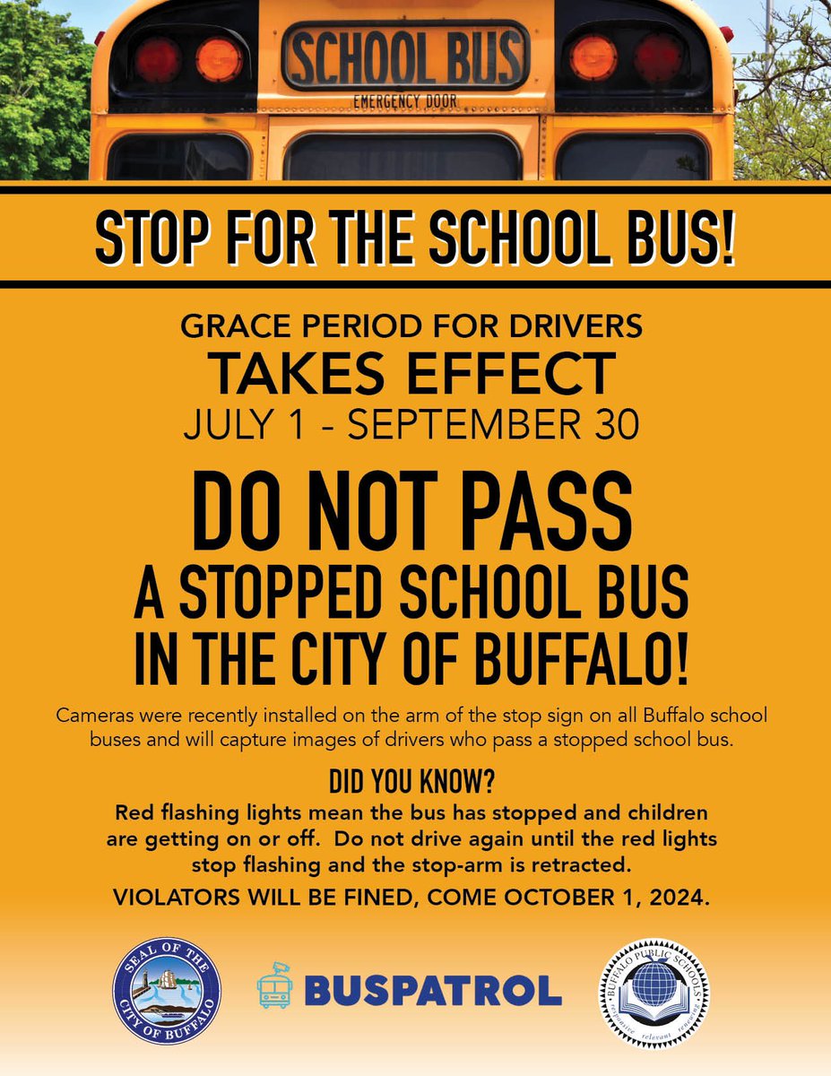 Reminder. With Summer School starting shortly, the School Bus Arm Camera initiative begins tomorrow with the grace period in effect. Motorists, please pay attention and do not pass a school bus illegally. The safety of our children is extremely important.