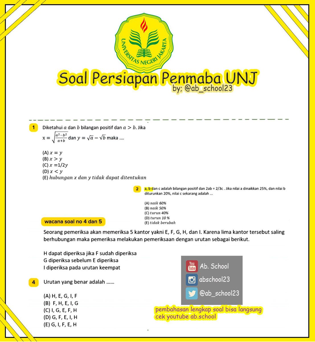 PENMABA UNJ 2024 Bag.1
Buat yang mau Tes Ujian Mandiri UNJ (PENMABA UNJ), yuk latihan tipe soal Tes Pengukuran Kognitif PENMABA yg sering muncul ditahun sebelumnya! 
Untuk pembahasan lengkapnya bisa langsung cek kesini youtu.be/Yqp4ZiBbkGY?si…