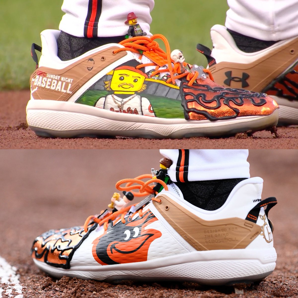 Gunnar Henderson's cleats not only feature himself designed as a Lego character, but also ACTUAL Legos 🤯