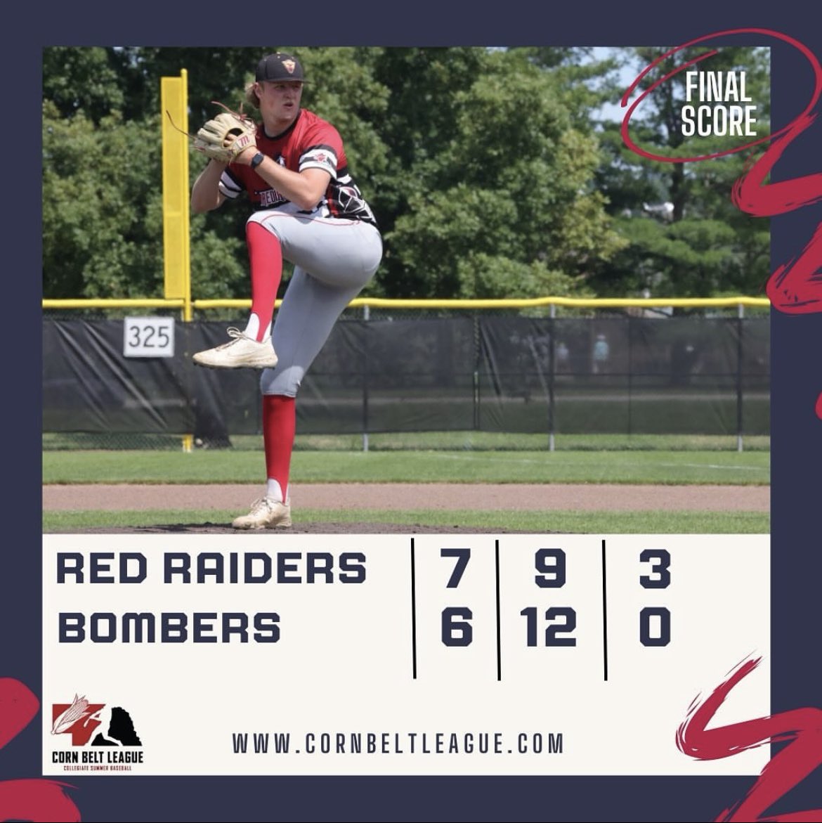 Corn Belt League (@cornbeltleague) on Twitter photo Luke Emerson’s go-ahead RBI triple in the 7th inning wins it for the Red Raiders
FINAL
Red Raiders 7
Bombers 6
Top Performer
Luke Emerson 2-4 3B, 1RBI, 1R
Jackson Steele 1-3 2B, 2RBIs, 1R
Jayden Mesceji 2-3 2R Luke Emerson’s go-ahead RBI triple in the 7th inning wins it for the Red Raiders
FINAL
Red Raiders 7
Bombers 6
Top Performer
Luke Emerson 2-4 3B, 1RBI, 1R
Jackson Steele 1-3 2B, 2RBIs, 1R
Jayden Mesceji 2-3 2R