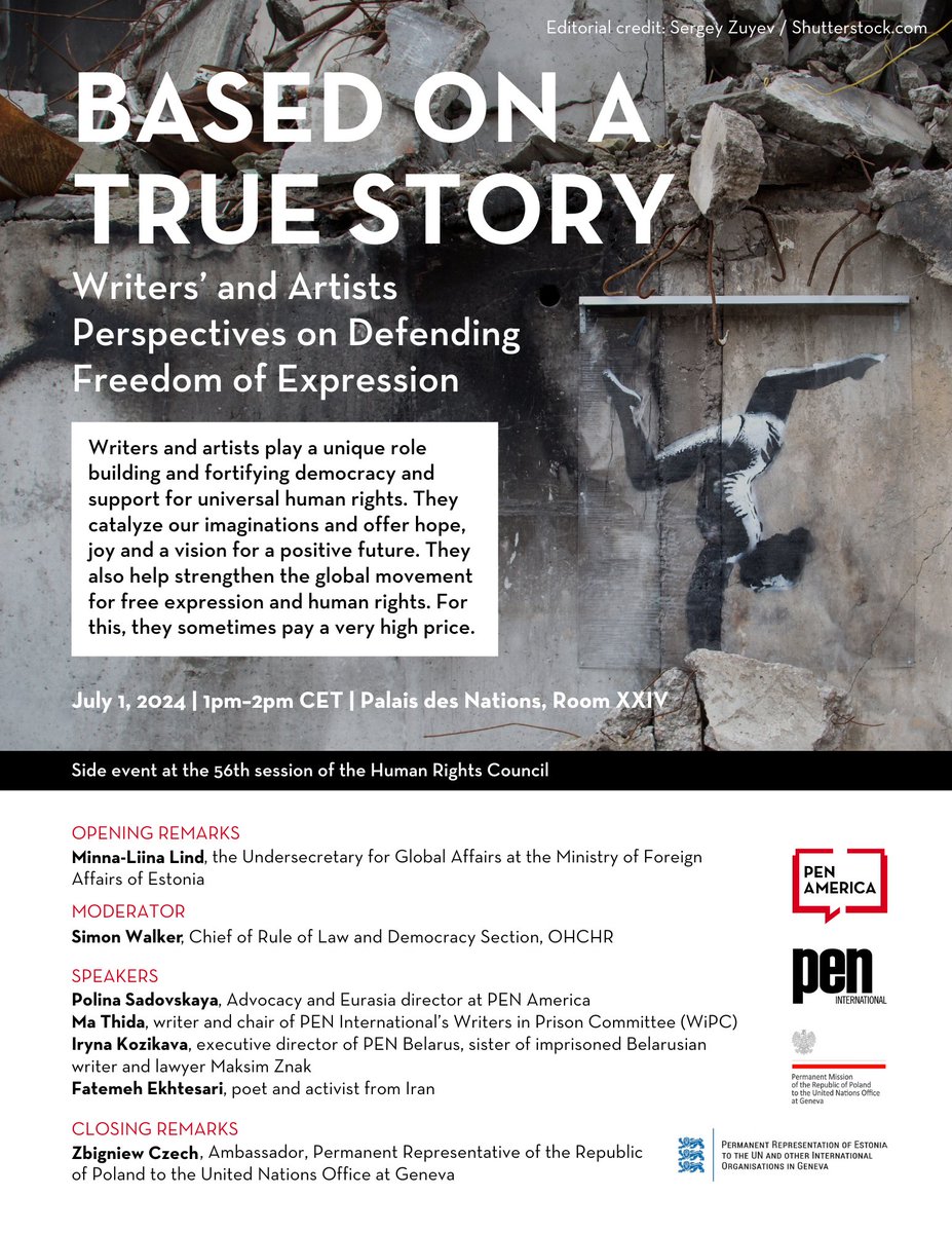 PENamerica's tweet image. Writers and artists play a unique role in building support for universal human rights. They catalyze our imaginations and offer a vision for a better future. For this, sometimes they pay a high price.
Join us at #HRC56 to hear from writers at risk defending #FreeExpression.