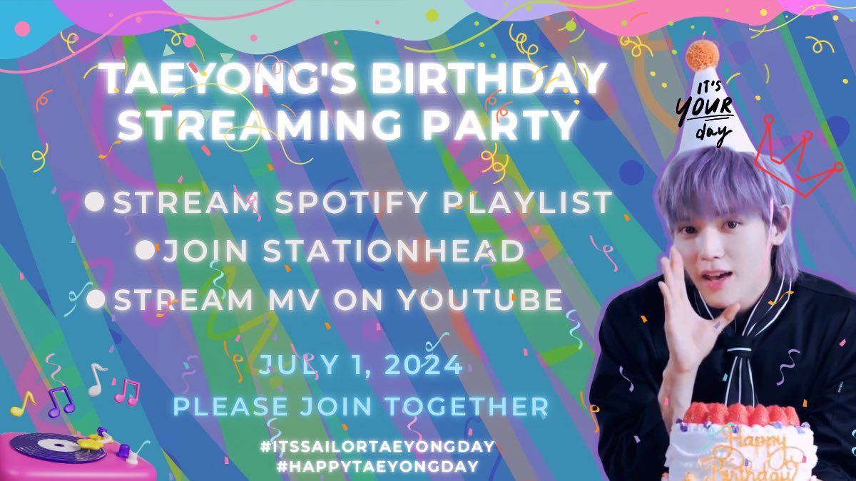 LTYStreamingTH's tweet photo. Please repost &amp; Join

TAEYONG'S BIRTHDAY STREAMING PARTY🥳

SPOTIFY PLAYLIST
https://t.co/yV5F3cpl7q
JOIN STATIONHEAD
https://t.co/nPsNqdJjR2
DON'T BREAK THE CHAIN [MV]
https://t.co/koQGFrFuJw

!START NOW!🎉
#TAEYONG #TAEYONG_TAP
#tyongfstreamingday
#ItsSailorTAEYONGDay https://t.co/hJb5OPfo8P