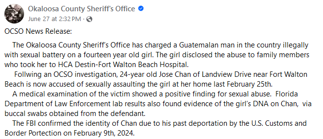 ImmigrantCrimes's tweet photo. 🚨 Okaloosa County, FL:  Jose Chan, a Guatemalan man in the country illegally, has been charged with with sexual battery on a fourteen year old girl. https://t.co/25GUFU0i9r