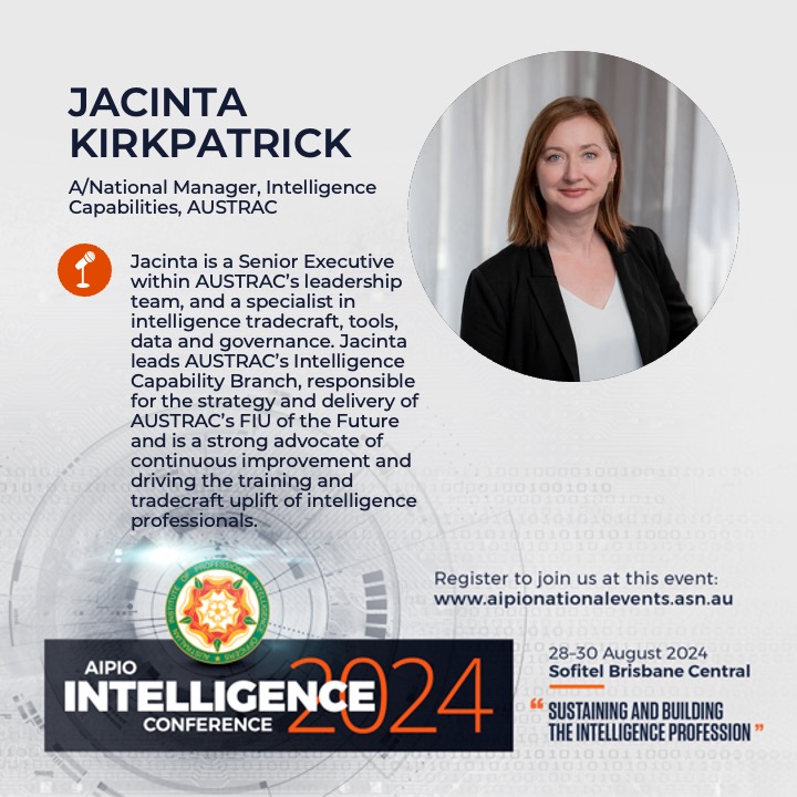 AIPIO's tweet photo. Featuring another distinguished speaker for #Intelligence2024 (Brisbane, 28-30 August) - Jacinta Kirkpatrick @AUSTRAC See the entire speaker program https://t.co/LLul8Oms8Y Register now to attend https://t.co/eAHgBVfil4 https://t.co/jomWvoLq6p