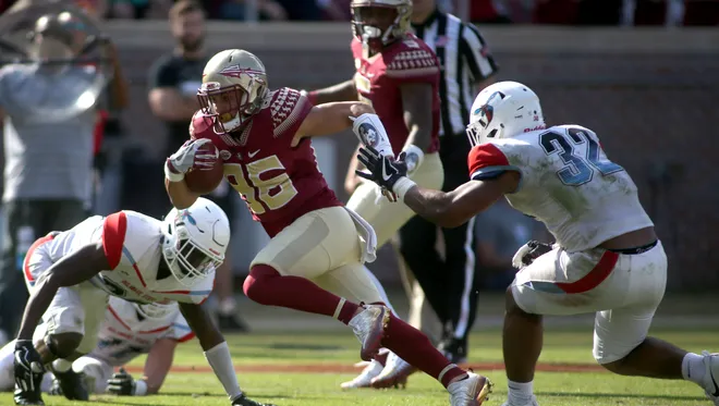 13d_riera's tweet photo. For reference, walk-on Justin Motlow was the first member of the Seminole Nation to play football for the Florida State Seminoles.  

Against Delaware State in 2017, Motlow also became the first member of the Seminole Nation to score a touchdown for the 'Noles.   

#Noles https://t.co/QgUN2r4fss