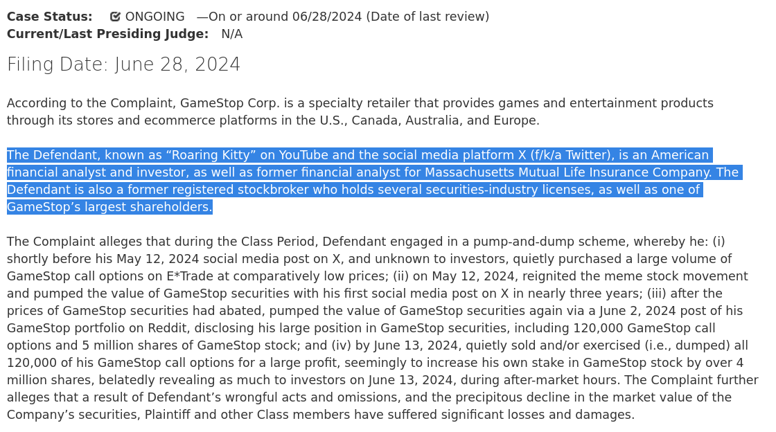 Mayhem4Markets's tweet photo. Oof.

Roaring Kitty has been sued (again) by plaintiffs alleging manipulation of GameStop stock and fraud. https://t.co/dYzKOg0WFm