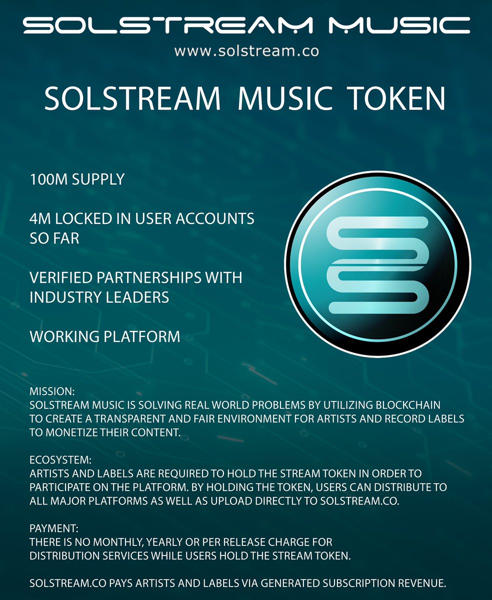 SolStream_Music's tweet photo. What music streaming platform, other than SolStream Music offers direct upload,  distribution to other music streaming platforms, a growing community knowledge base for Touring, promotion, networking, other resources and wealth building through native digital assets? We are just getting started. 

#fairpayforartists #musicdistribution #crypto #solana #stream @GrimaceRecords 

CA: GGqM5Z8scaj3SPDg1tp7J1ZtY6YB5hKkGcL761sy9dtG