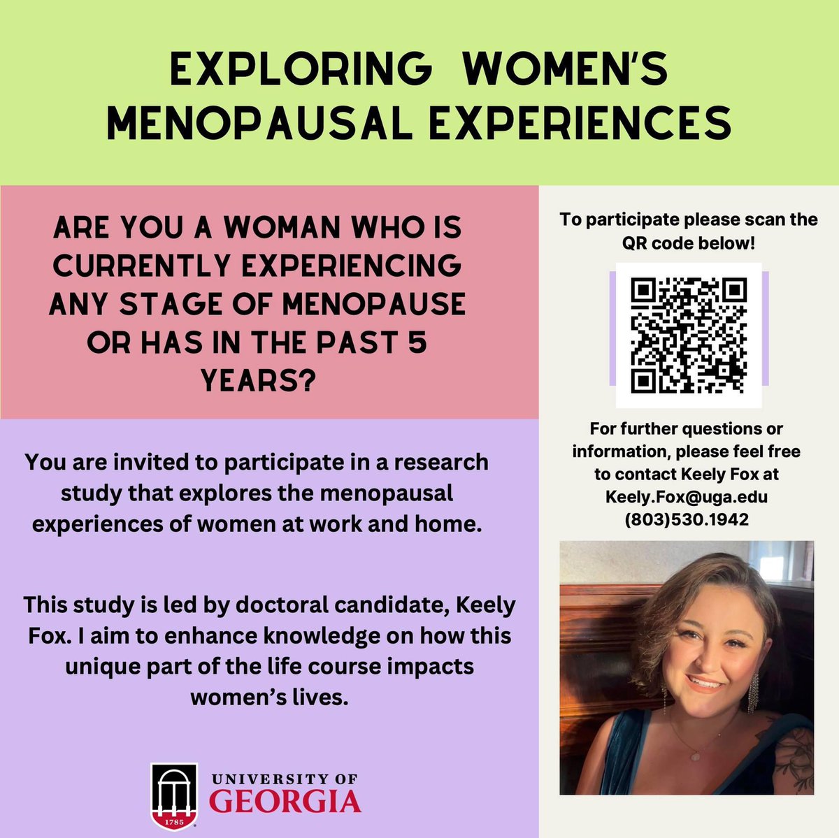 Hi there! 
My name is Keely Fox. I am a PhD student and I am currently recruiting women to  interview about their menopause experiences in the U.S.! This will be a virtual interview that may last a little over an hour. 
ugeorgia.ca1.qualtrics.com/.../SV_54uWupA…