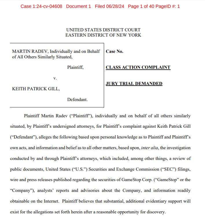 xMarketNews's tweet photo. BREAKING🚨 Roaring Kitty, a.k.a Keith Gill, has been sued for securities fraud over his role in promoting GameStop $GME

HEADS UP: This guy suing is a SHORT SELLER, and has 35 shares of GameStop &amp; a few options $AMC https://t.co/jNumXDb8jb