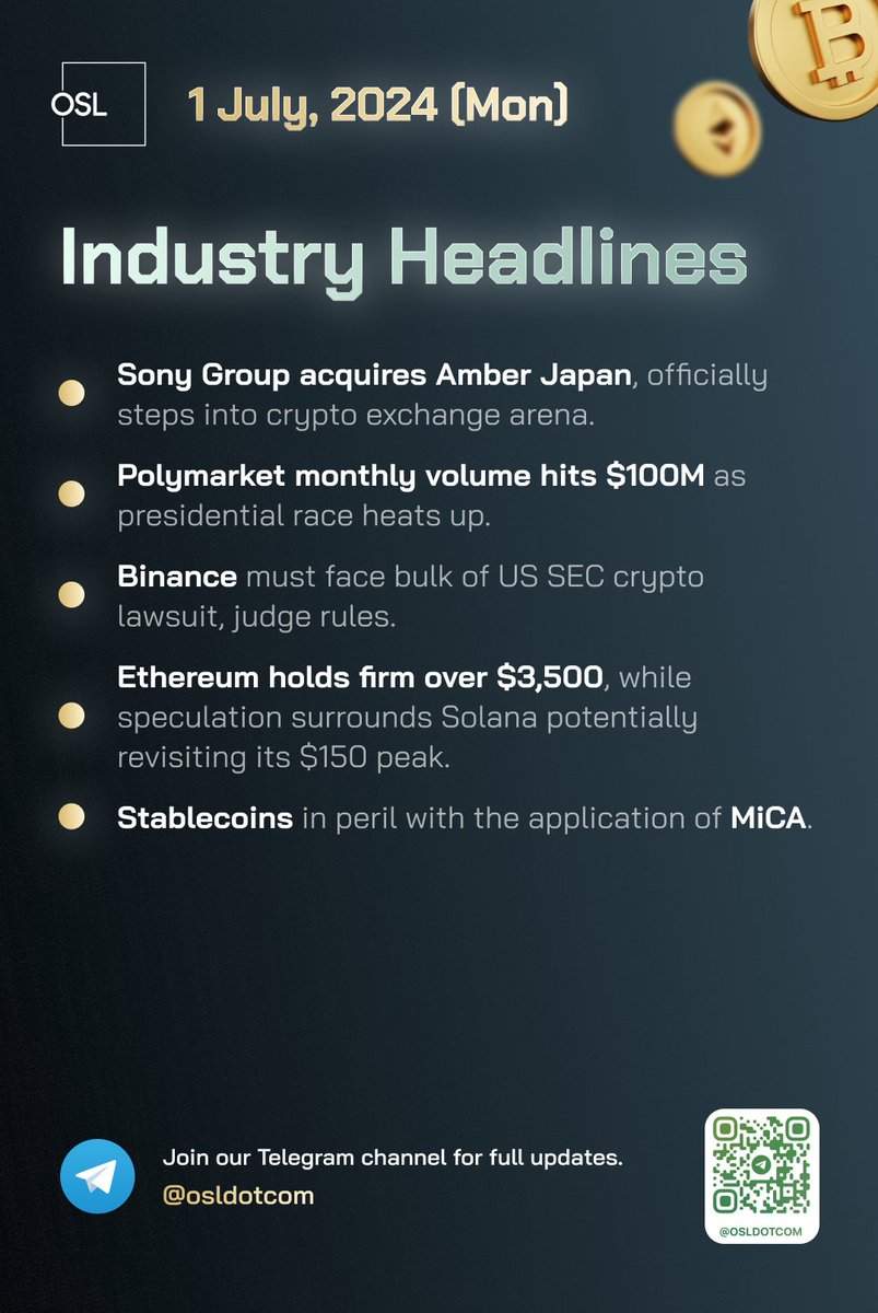 OSLInsights 🌐 DigitalAssets Update: 🔹 Sony Group acquires Amber Japan,  officially steps into crypto exchange arena. 🔹 Polymarket monthly volume  hits $100M as presidential race heats up. 🔹 Binance must face bulk