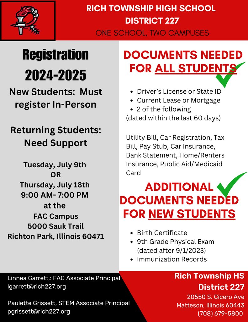New in person registration dates for the 2024-2025 school year have been announced!  Tuesday, July 9, &amp; Thursday, July 18.  Sessions will be held from 9 am to 7 pm at our FAC Campus. These sessions are for NEW students and returning students who need support.