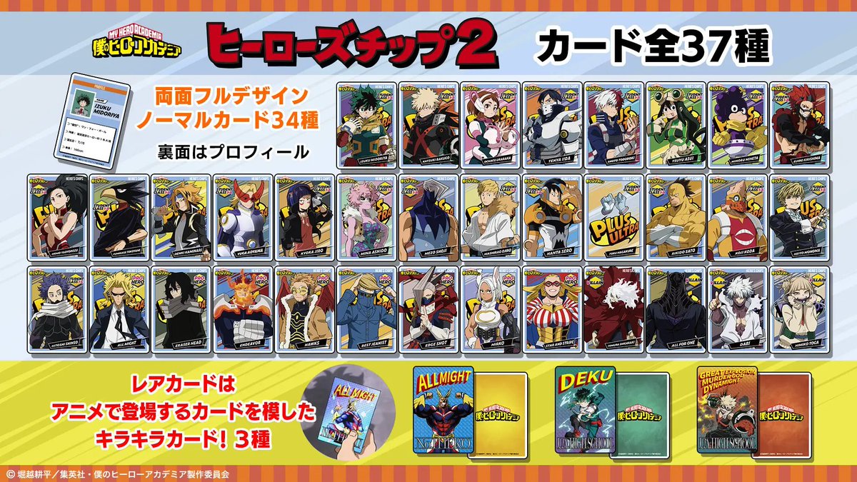 jumphobbies's tweet photo. TVアニメ『僕のヒーローアカデミア』「ヒーローズチップス2」

全国のファミリーマート・eStream Store他にて
7月30日（火）より順次販売開始！

全37種の両面フルデザインオリジナルカードのうち、1枚がおまけでついてくる！

https://t.co/Sr7eex7P4e https://t.co/WikWqM8KlQ