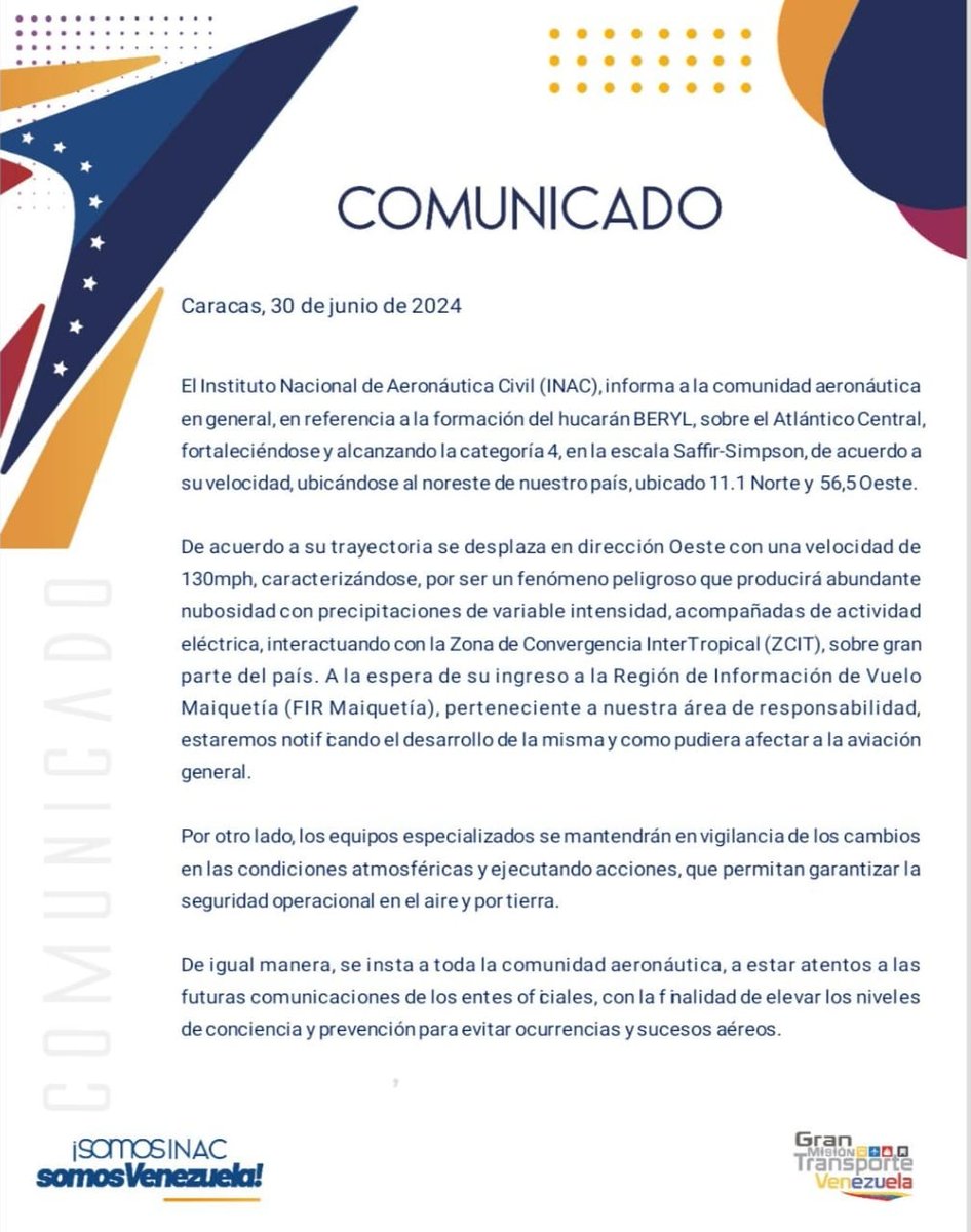 LaVerdadVargas's tweet photo. Vía @InacVzla🚨 #INACInforma a la comunidad aeronáutica y público en general, sobre la situación del hucarán BERYL y su repercusión en cuanto al transporte aéreo venezolano. https://t.co/SgjV2QE9RK
