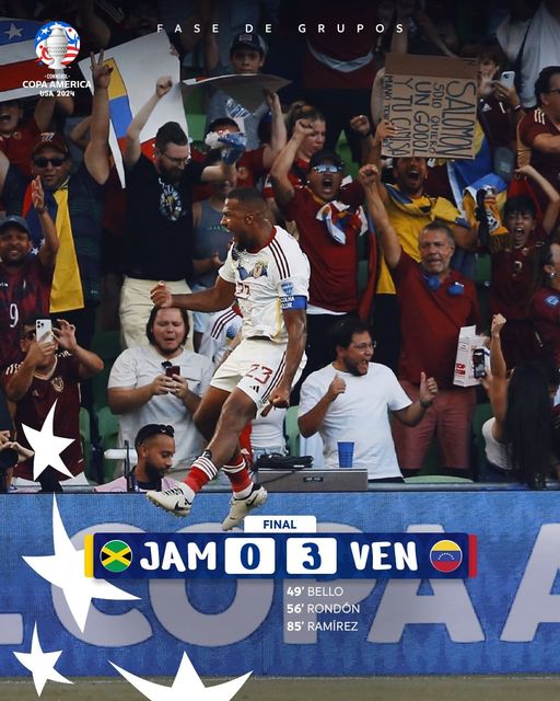 VICTORIA VINOTINTO 📷📷 y puntaje perfecto
Venezuela 📷 goleó 3-0 a Jamaica, fue primera del Grupo B y se medirá a Canadá en los cuartos de final de la Copa América 2024
Vaaaaamos Vinotinto 📷📷
FutbolConnect Venezuela