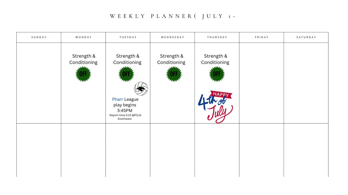 psja_memorialvb's tweet photo. Volleyball Week at a glance! On behalf of the Lady Wolverines Volleyball We hope you have a great and safe 4th of July! 🇺🇸🎆 Strength and conditioning will resume the following week! https://t.co/7V6R9RhMAq