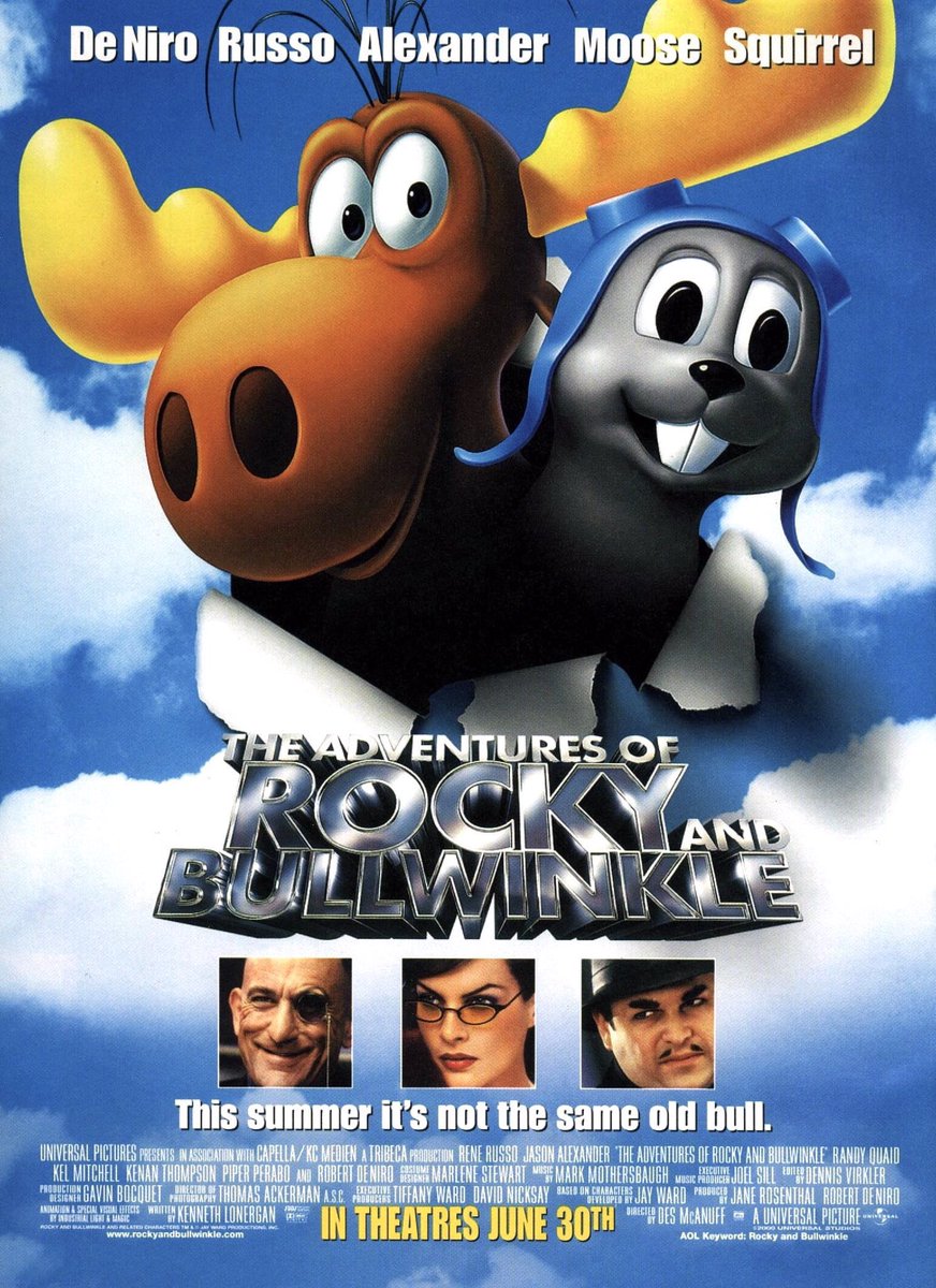 FilmNewsNos's tweet photo. 🎬MOVIE HISTORY: 24 years ago today, June 30, 2000 the movie ‘The Adventures of Rocky and Bullwinkle’ opened in theaters!

#JuneForay #KeithScott #PiperPerabo #JasonAlexander #ReneRusso #RobertDeNiro @pagetpaget #JaneaneGarofalo #CarlReiner #KenanThompson #KelMitchell #DesMcAnuff https://t.co/wVTDn7b55Z