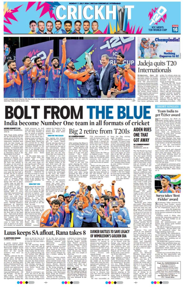 DeccanChronicle's tweet photo. India become the number one team in all formats of cricket after a stunning T20 World Cup victory. Rohit Sharma and Virat Kohli retire from T20Is, marking the end of an era.

#Cricket #CricketNews #IndiaNumberOne #RohitSharma #ViratKohli #T20WorldCup https://t.co/wlT4hBvSdL
