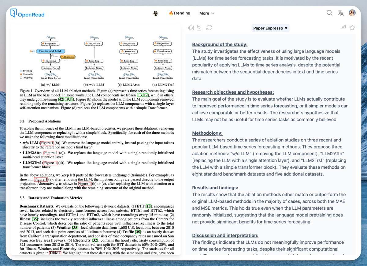 zoewangai's tweet photo. The results show that the ablation methods either match or outperform the original LLM-based methods in the majority of cases, across both the MAE and MSE metrics. This holds true even when the LLM parameters are randomly initialized, suggesting that the language model pretraining does not provide significant benefits for time series forecasting.

full paper: https://t.co/zFaPkre7PF