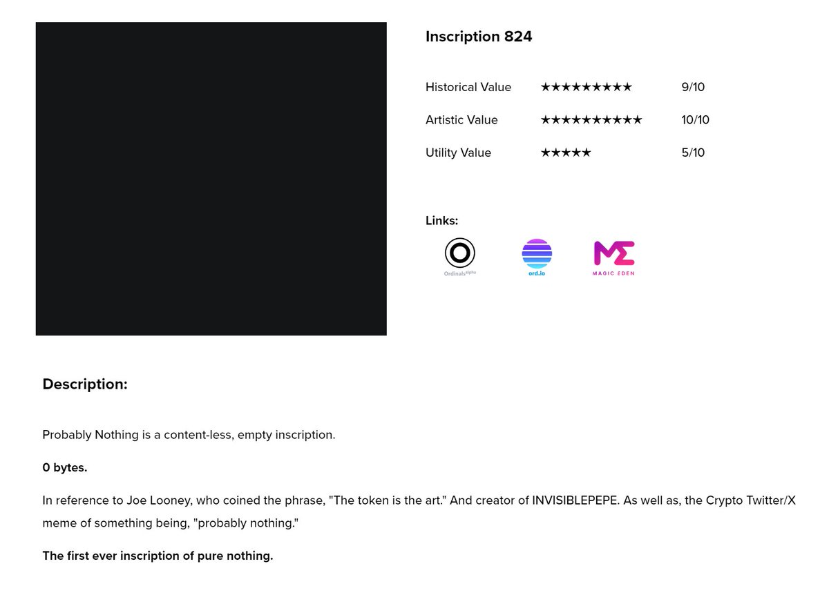 OrdRank's tweet photo. Inscription #824
"Probably Nothing" by @dan_files is a content-less, empty inscription.
It is the first ever inscription of pure nothing. 

Historical Value ★★★★★★★★★
Artistic Value      ★★★★★★★★★★  
Utility Value         ★★★★★  
https://t.co/lCu3ndGr7r https://t.co/pi94zhZa6f