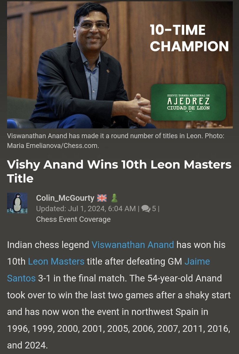 Madnair's tweet photo. GM Anand comfortably won the Leon Masters for the 10th Time!! It is indeed credible and highly motivating so see 54 year old Anand win! @aicfchess
@FIDE_chess @narendramodi @mansukhmandviya @Bharatchess64 @vishy64theking #Chess #motivation #Legend @PMOIndia https://t.co/kbyep18ITI