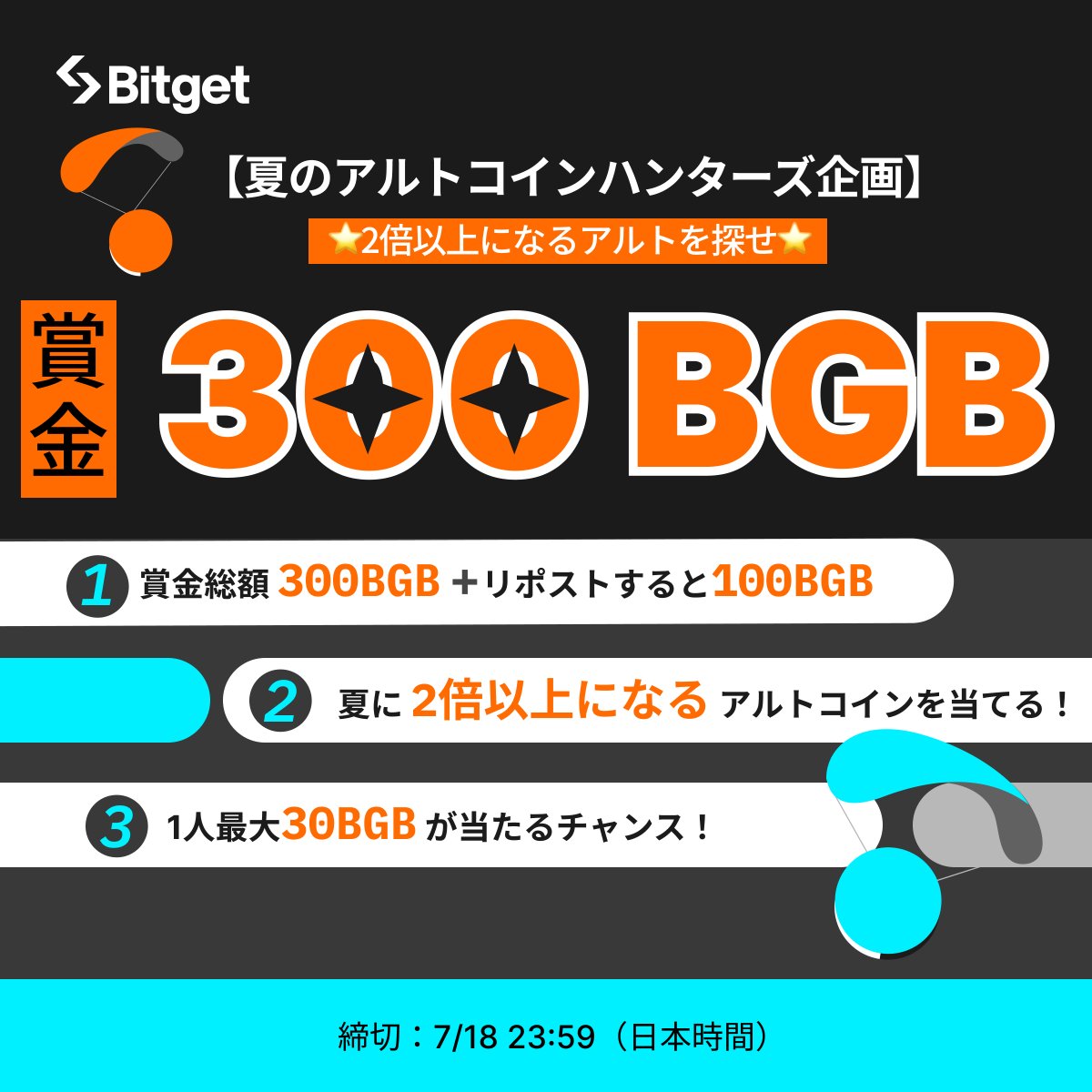 【🤩#Bitget アルトコインハンターズ🤩】

夏の終わり（8月31日）までに2倍以上になると思うアルトコインをみんなにシェアしましょう😍🔥🔥🔥

この投稿を「リポスト」してくださった方の中から「10名様に10 #BGB 」、Telegram内でイベントに参加してくださった方に「総額300