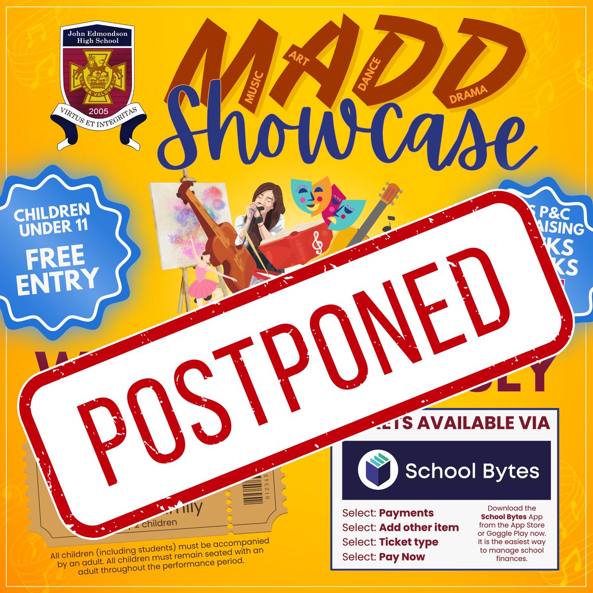 John Edmondson High School (@johnedmondsonhs) on Twitter photo ๐ ๐๐๐ | ๐ฃ๐ผ๐๐๐ฝ๐ผ๐ป๐ฒ๐ฑ
Due to a lack of ticket sales we have decided to ๐ฃ๐ข๐ฆ๐ง๐ฃ๐ข๐ก๐ our MADD event scheduled for 3 July. A new date in Term 3 will be advertised soon.
All tickets purchased will be transferable to the new date, so hold onto you tickets. ๐ ๐๐๐ | ๐ฃ๐ผ๐๐๐ฝ๐ผ๐ป๐ฒ๐ฑ
Due to a lack of ticket sales we have decided to ๐ฃ๐ข๐ฆ๐ง๐ฃ๐ข๐ก๐ our MADD event scheduled for 3 July. A new date in Term 3 will be advertised soon.
All tickets purchased will be transferable to the new date, so hold onto you tickets.