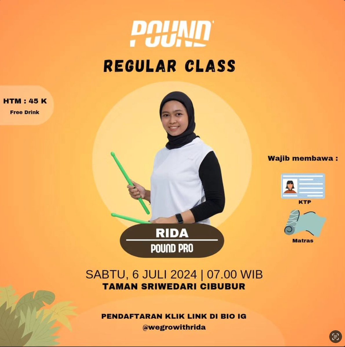 ⚡⚡POUND CLASS Sabtu Pagi di Cibubur⚡⚡

📅 *Sabtu, 06 Juli 2024*
⏱️ 07.00 - 08.00 WIB
🏠 Taman Sriwedari Cibubur
💲IDR 45.000

Yukk langsung daftar di msha.ke/wegrowithrida

#pound #poundpro #poundcibubur #tamansriwedaricibubur