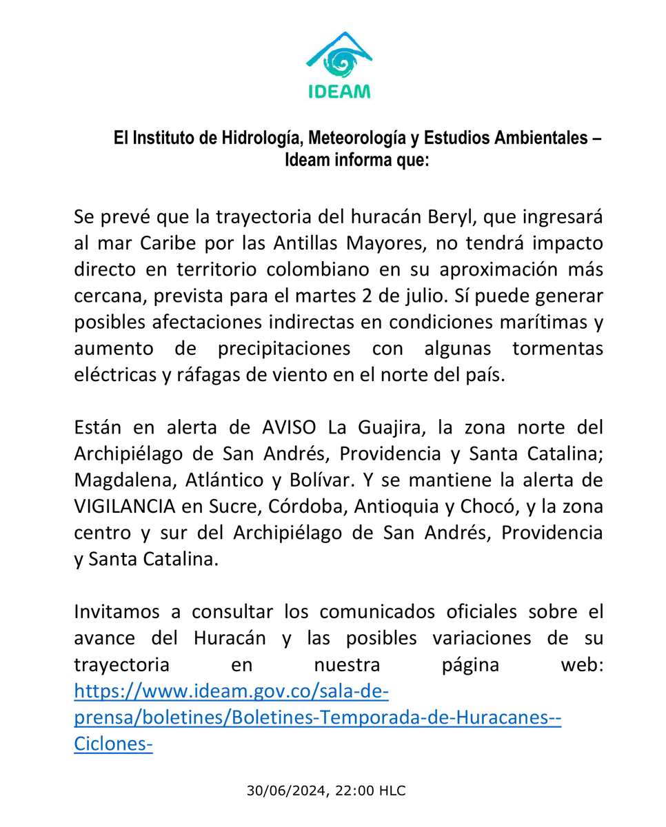 IDEAMColombia's tweet photo. #IdeamInforma Invitamos a consultar los comunicados oficiales sobre el avance del huracán Beryl y las posibles variaciones de su trayectoria en nuestra página web: https://t.co/B7t0Rl5yjV https://t.co/FpF1r0bYMu