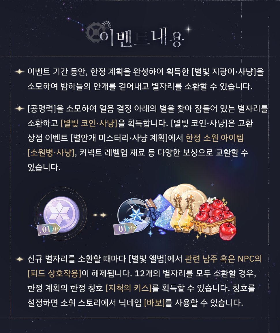 별안개 미스터리·사냥 계획 | 한정 이벤트 예고 밤하늘의 안개를 걷어내고, 잠들어 있는 12개 별자리를 소환합니다. ☆이벤트 기간:  7월 2일 05:00~7월 10일 04:59 ☆이벤트 요약: ① 이벤트 기간 동안, 한정 계획을 완성하여 획득한 [