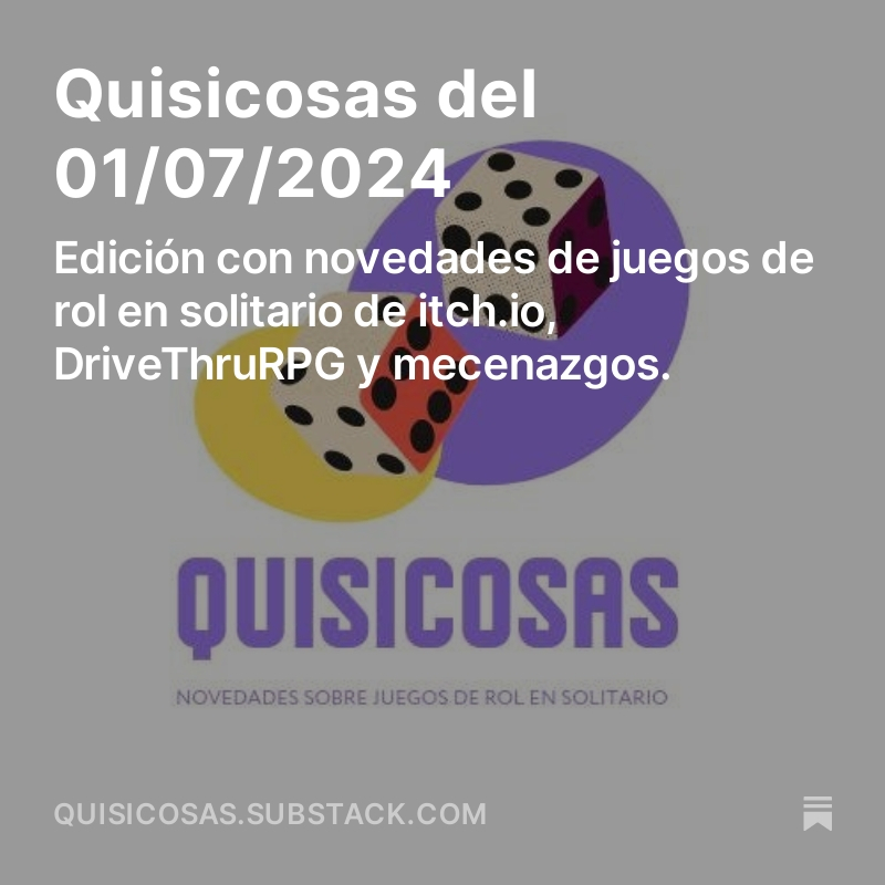 adria_prat's tweet photo. 📨 Boletín de #Quisicosas del 01/07/2024 enviado. 📨

Edición con novedades de #juegosderol en solitario de
@itchio, @DriveThruRPG y mecenazgos.

https://t.co/5vKR27xGxH https://t.co/buphM0k9c0