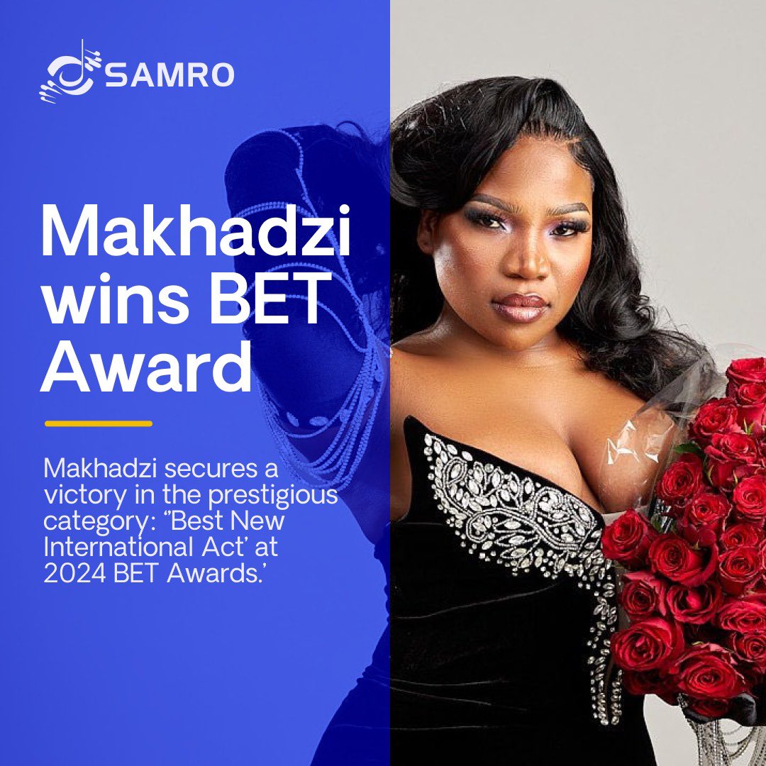 SAMROMusic's tweet photo. The Southern African Music Rights Organisation (SAMRO) congratulates South African musicians, @MakhadziSA and @Tyllaaaaaaa on their outstanding achievements at the 2024 BET Awards. 

Tyla secured victories in two prestigious categories: Best New Artist and Best International Act while Makhadzi secured a victory in the prestigious category: Viewer’s Choice: Best New International Act.

They two musicians continuously break new ground, solidifying South Africa’s influence on the global stage. 

Congratulations to this talented musicians representing South Africa on a global scale.

#BET #BETAwards #Tyla #Makhadzi #MusicBusiness #MusicIndustry #SouthAfrica #Music #SouthAfricanMusic