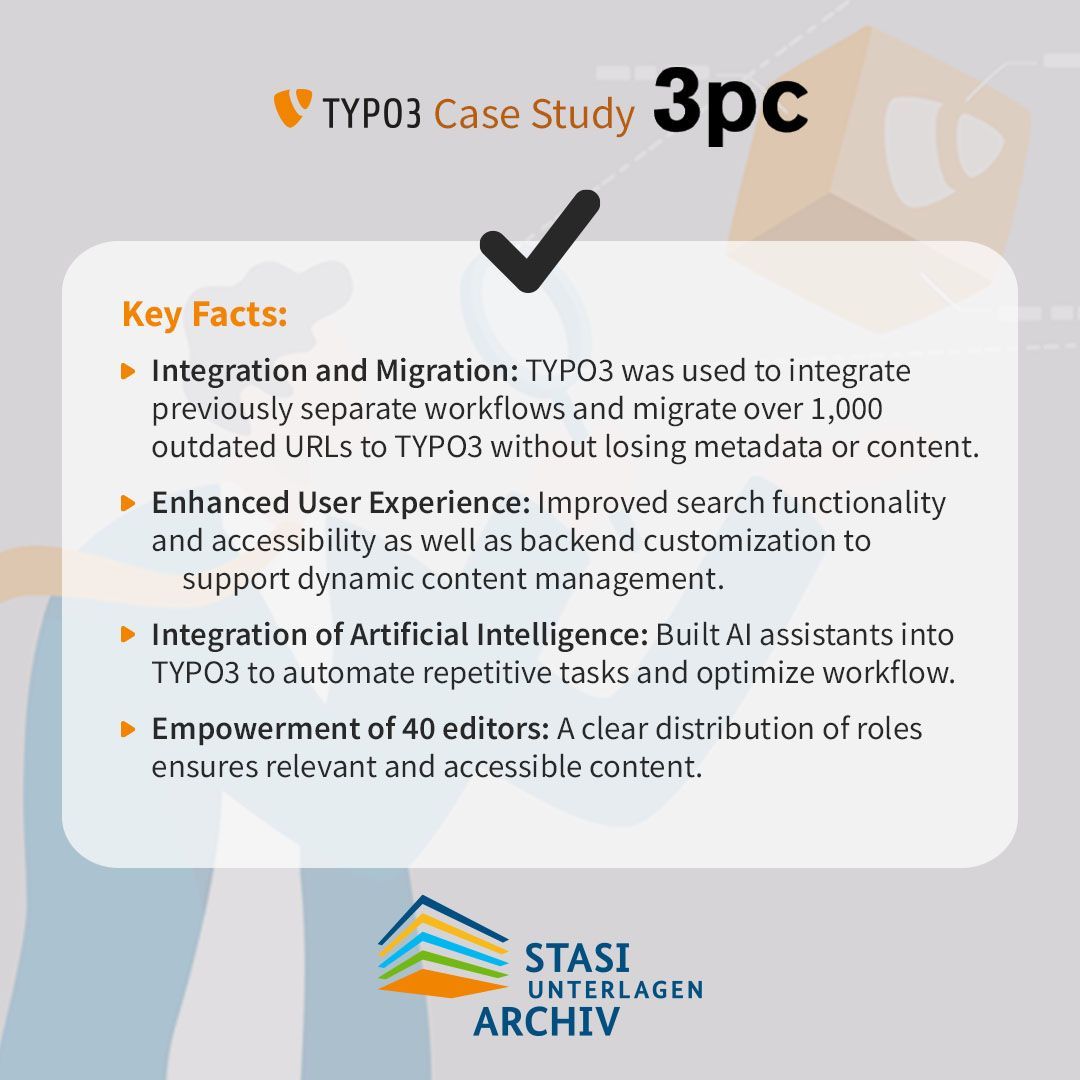typo3's tweet photo. Unlocking history’s digital potential! The Stasi-Unterlagen-Archiv, with the expertise of @3pc and TYPO3, is now a click away. 📖
Dive in: https://t.co/Y0Z36yZD7X
#TYPO3 #3pc #CaseStudy https://t.co/wWK8RmU9QK