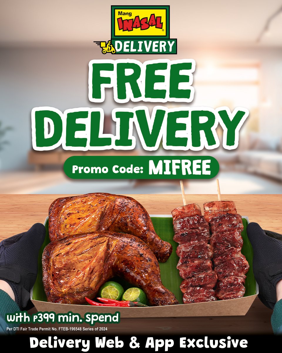 You can enjoy #MangInasalKahitSaan with FREE delivery! 🤩

Use the promo code: MIFREE when your order via Mang Inasal Delivery App or manginasaldelivery.com.ph. With minimum order spend of P399. Promo valid from July 1-31 only.

#ILoveMangInasal 💚💛