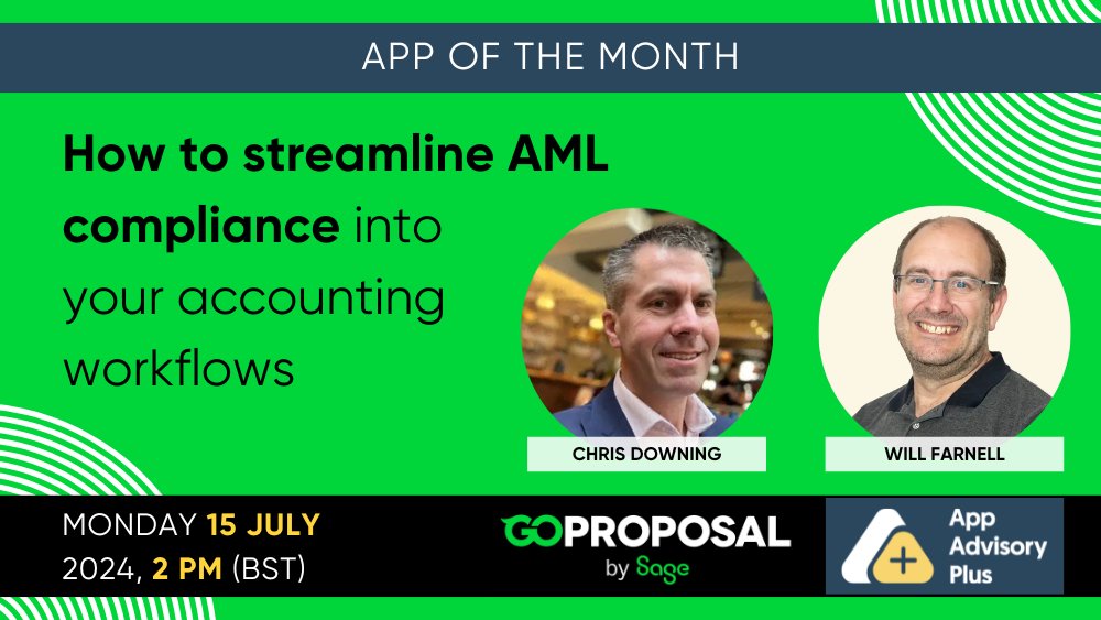 App Advisory Plus (@appadvisoryplus) on Twitter photo Juggling AML on top of everything else? 😵💫 Join Chris Downing and Will Farnell on July 15 at 2pm (BST) to learn how to integrate an AML process into your workflow that WON’T affect from your daily tasks. <a href="/goproposal/">GoProposal</a>
Register now: us02web.zoom.us/webinar/regist… 👈
#accounting #aml Juggling AML on top of everything else? 😵💫 Join Chris Downing and Will Farnell on July 15 at 2pm (BST) to learn how to integrate an AML process into your workflow that WON’T affect from your daily tasks. <a href="/goproposal/">GoProposal</a>
Register now: us02web.zoom.us/webinar/regist… 👈
#accounting #aml