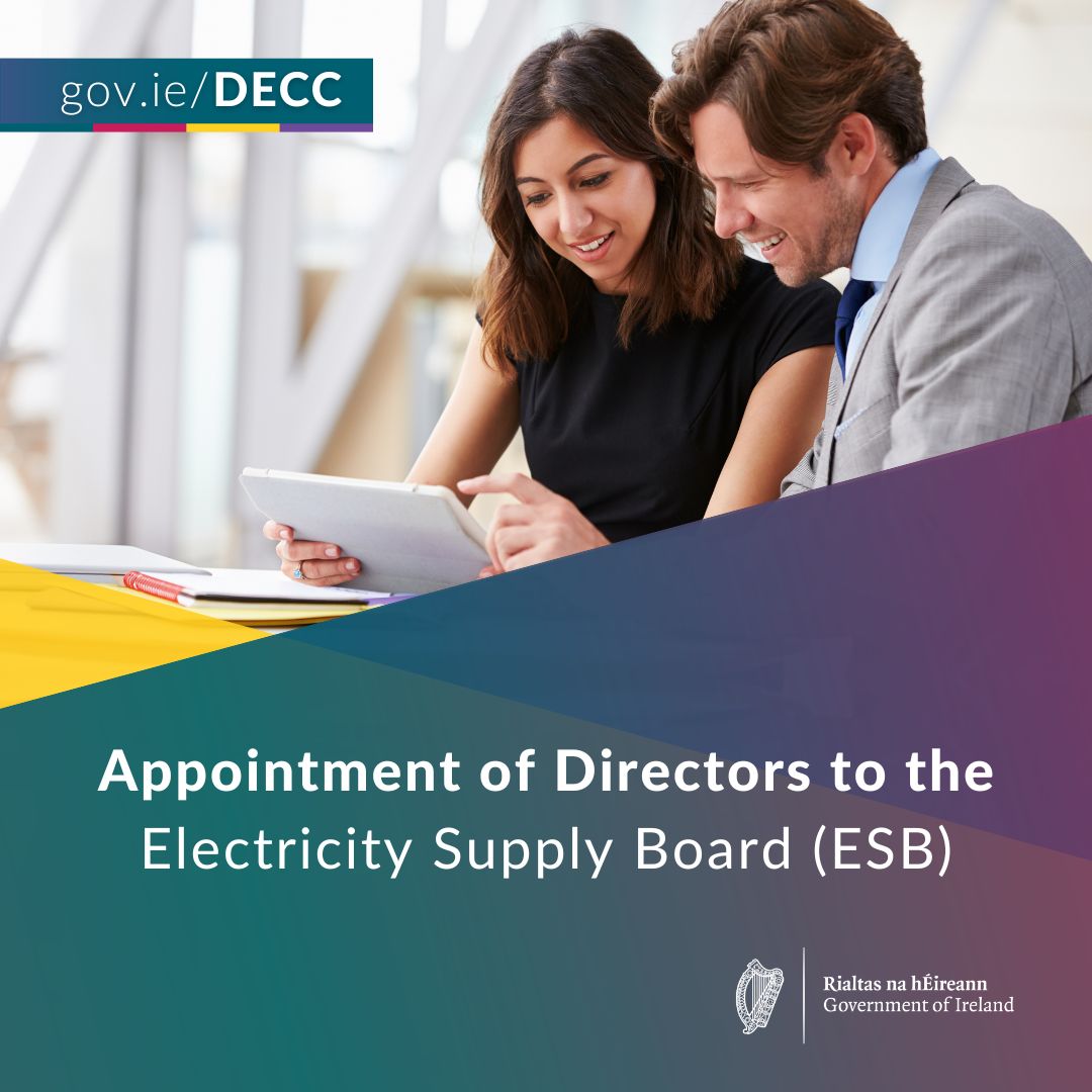 Dept. Environment, Climate and Communications (@dept_ecc) on Twitter photo The Minister for the Environment, Climate and Communications, <a href="/EamonRyan/">Eamon Ryan</a> invites applications from suitably qualified candidates for consideration for appointment by the Government to the Board of the ESB.
publicjobs.ie/en/?option=com… The Minister for the Environment, Climate and Communications, <a href="/EamonRyan/">Eamon Ryan</a> invites applications from suitably qualified candidates for consideration for appointment by the Government to the Board of the ESB.
publicjobs.ie/en/?option=com…