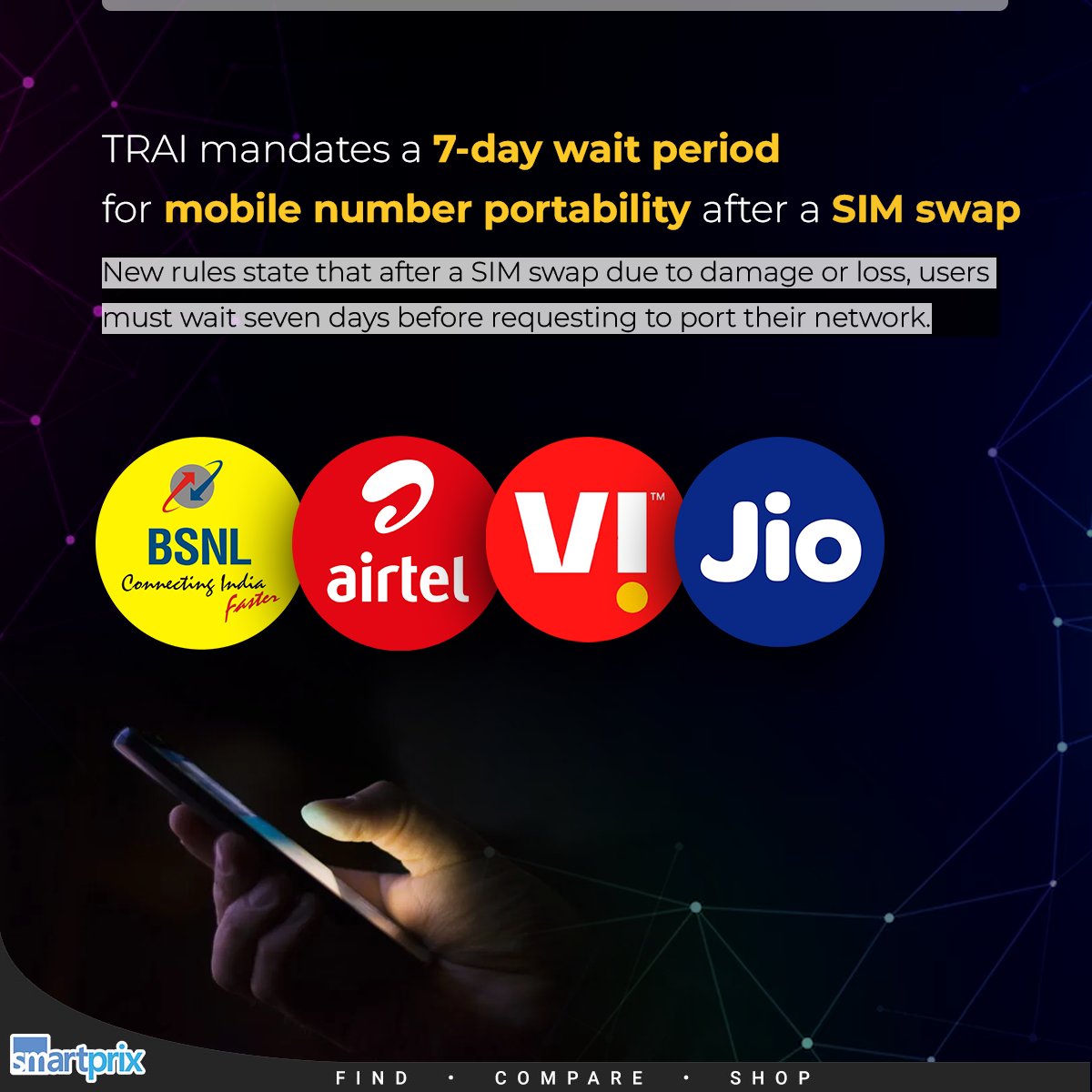 Smartprix's tweet photo. TRAI’s new rule for SIM porting comes into effect from today, 1st July 2024
#SIM #MobileNumberPort #MNP #TRAI https://t.co/3lSWwbwKAD