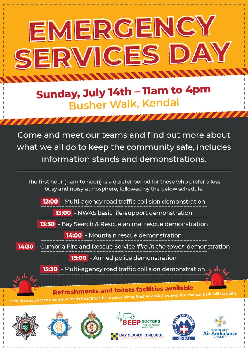 We're pleased to share details of next week's Emergency Services Day in Kendal.

On Sunday, July 14 (11am to 4pm). we'll be joining partner organisations to showcase how we all support our community and keep you all safe.

We look forward to seeing you on the day!

<a href="/Cumbriapolice/">Cumbria Police</a>
