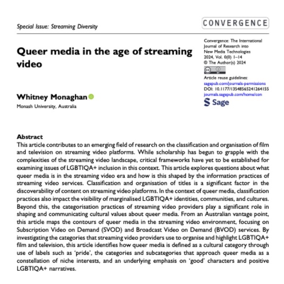 Whitney Monaghan (@jatneywhitmo) on Twitter photo New from me: "Queer media in the age of streaming video" in <a href="/Convergence_NMT/">Convergence Journal</a> special issue on Streaming Diversity.
I explore how streaming platforms and the information-led practices of VOD are changing the way we know and understand queer media 🌈📺
journals.sagepub.com/doi/full/10.11… New from me: "Queer media in the age of streaming video" in <a href="/Convergence_NMT/">Convergence Journal</a> special issue on Streaming Diversity.
I explore how streaming platforms and the information-led practices of VOD are changing the way we know and understand queer media 🌈📺
journals.sagepub.com/doi/full/10.11…