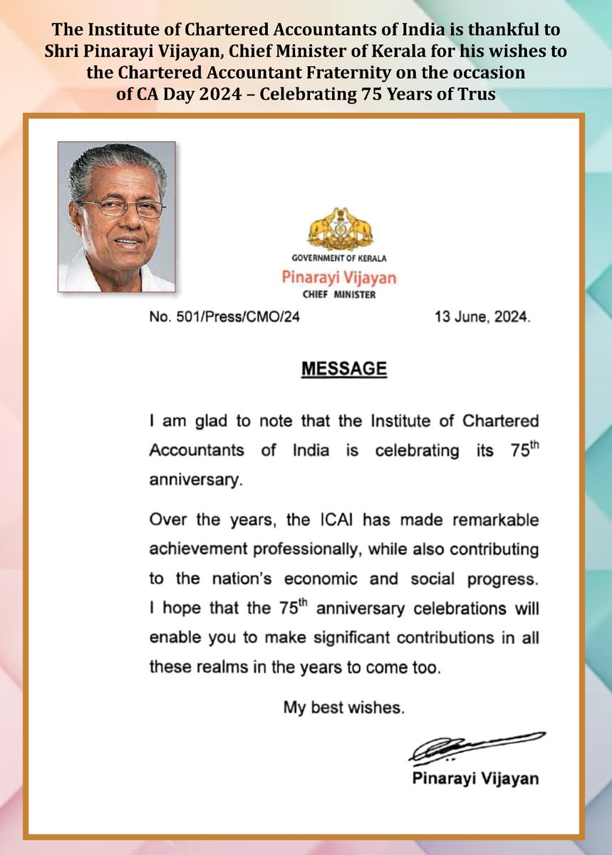 theicai's tweet photo. The Institute of Chartered Accountants of India is thankful to Shri @pinarayivijayan, Shri @BhajanlalBjp &amp; Shri @NayabSainiBJP for their wishes to the Chartered Accountant Fraternity on the occasion of CA Day 2024 – Celebrating #75YearsofTrust

#ICAIat75 #CADay2024 https://t.co/tR2J9Hcvi9