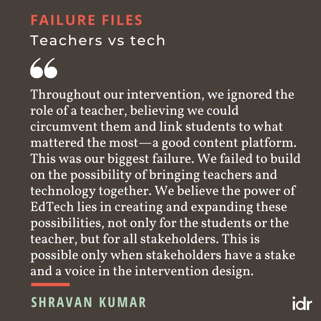 idr_online's tweet photo. #FailureFiles | When working on complex social issues, failing is inevitable. Yet, most discussions around failure happen in hushed tones and behind closed doors. IDR’s feature Failure Files hopes to change this by creating a space for candid conversations around failure, and the lessons that emerge from it.
In order of the quotes:
1. Mary Ellen Matsui talks about her experience with burnout, and why cultivating well-being is one of the most essential skills a social entrepreneur can have. https://t.co/fZBbqfFUwc
2. Disha Mullick talks about building a feminist organization and her struggles with making new meaning of the values her organisation stands for. https://t.co/ZjvZamCC0J
3. @Zubin_Sharma talks about early failures he navigated while setting up project potential and how it made him question everything, including his self worth. https://t.co/QmYa7yYuG4
4. Shravan Kumar shares his experience in the EdTech space and what it taught him about the importance of dismantling assumptions and uncovering loopholes.
https://t.co/gZjIABQgsQ
5. @DilipPattubala talks about the importance of healthy power dynamics in an organisation, how to build them, and what happens when they fall apart.
https://t.co/8LsgY4yych
And lastly, 6. @RachitaVora and Tanaya Jagtiani talk about the importance of taking risks, and what it will take for nonprofits to be more open about their failures. https://t.co/HC9yyIoXqt