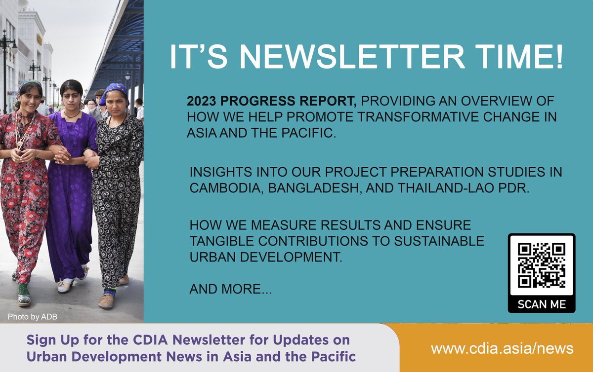 Cities Development Initiative for Asia (CDIA) (@cdia_asia) on Twitter photo Explore our latest edition featuring our 2023 Progress Report and updates on our work in Cambodia, Bangladesh, and Thailand-Lao PDR. Learn also how we ensure impactful contributions to sustainable urban development.
READ: cdia.asia/news/
Subscribe: bit.ly/cdianews Explore our latest edition featuring our 2023 Progress Report and updates on our work in Cambodia, Bangladesh, and Thailand-Lao PDR. Learn also how we ensure impactful contributions to sustainable urban development.
READ: cdia.asia/news/
Subscribe: bit.ly/cdianews