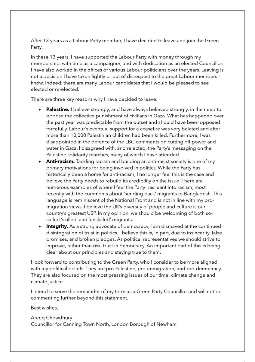 AreeqChowdhury's tweet image. After 13 years as a Labour Party member, I have decided to leave and join @TheGreenParty.