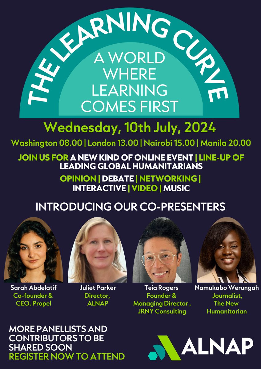 Delighted to announce 4⃣ brilliant co-presenters for Learning Curve: a world where learning comes first event on Jul 6
@sarahlabdelatif 
Juliet Parker 
@teia_rogers 
<a href="/namukabo/">Namukabo Werungah</a> <a href="/newhumanitarian/">The New Humanitarian</a> 
More speakers/contributors to be revealed soon.
Register: the-learning-curve.rsvpify.com...